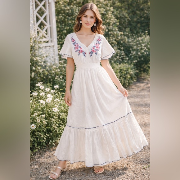 Flying Tomato Embroidered White Maxi Dress | Boho Cottagecore Floral Midi/Maxi - Picture 2 of 11